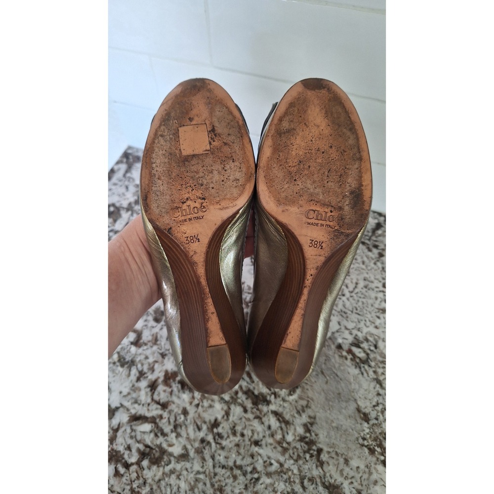 Chloe Metallic Gold Leather Wedge Pumps Wood Buckle Detail Made in Italy 38.5 - Picture 7 of 12
